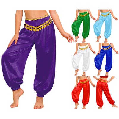Girls Sequin Tassels Bloomers Pants Braid Trim Loose Fit Side Zipper Belly Dance Costume