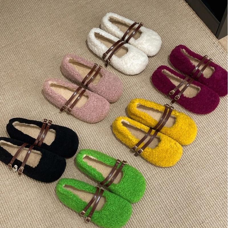 Fashion Autumn Winter Women Fur Flats Shoes Concise Comfort Street Style Soft Sole Female Dress Short Plush Mary Jane Shoes