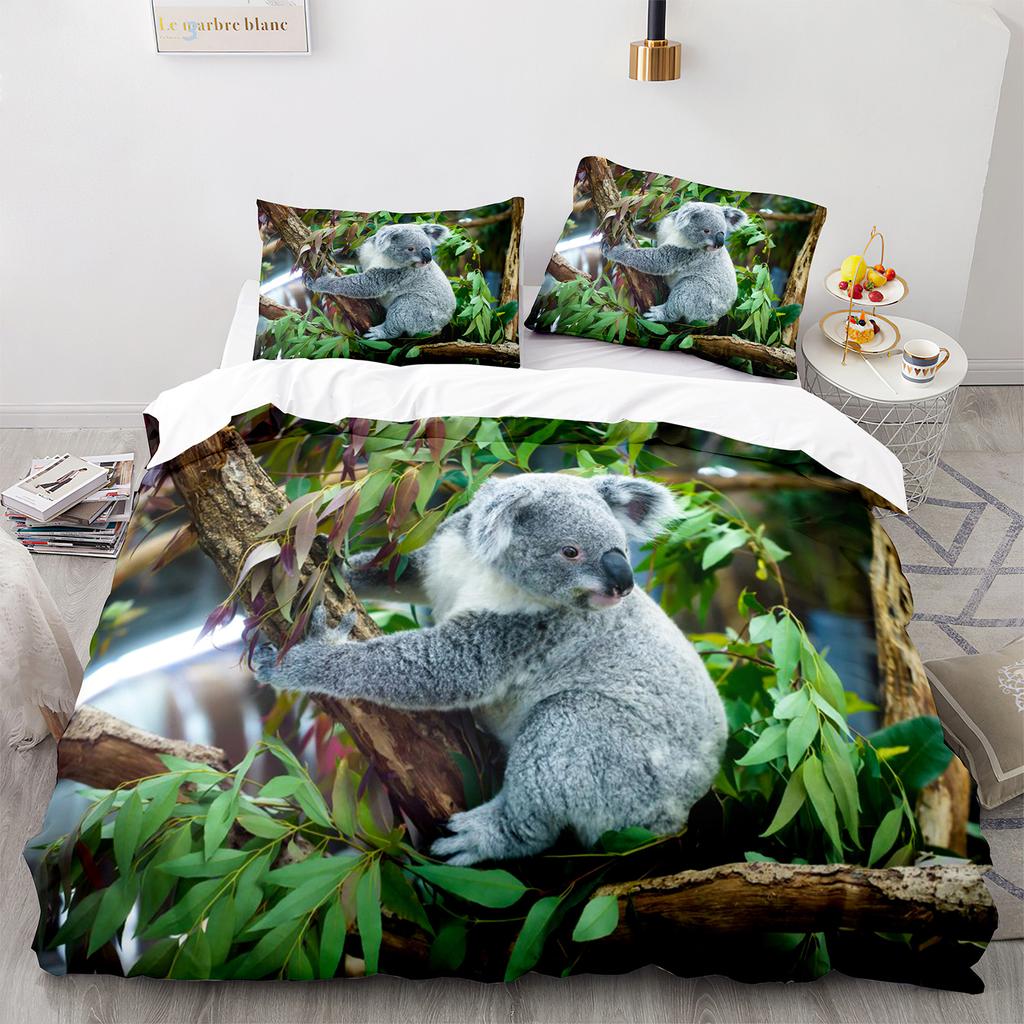 Zestaw Poszwy na Kołdrę Koala Uroczy Wzór Zwierzęcy Zestaw Pościeli Liść Palmy Poliester Poszwa na Kołdrę dla Dzieci Rozmiar Pełny/Twin/Queen/King