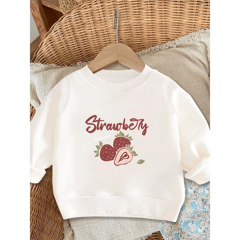 Cute Strawberry Print Sweatshirt for Baby Girls, Lightweight And Round-Necked, Designed for Ages 0-3