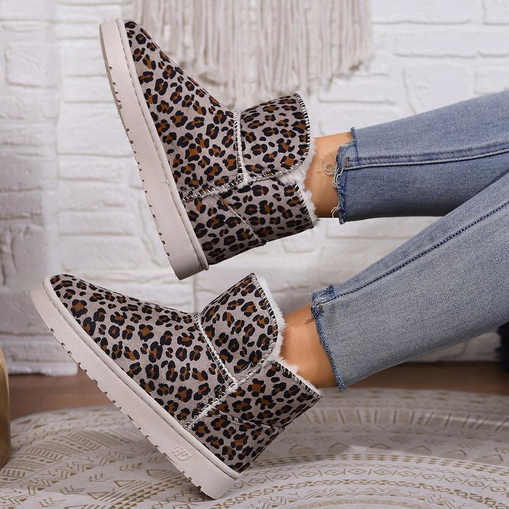 Fashion Leopard Print Winter Fleece-lined Platform Women's Snow Boots Round Toe Large Size Warm Ankle Hot Fashion 2025 Lamb Ladies Shoes