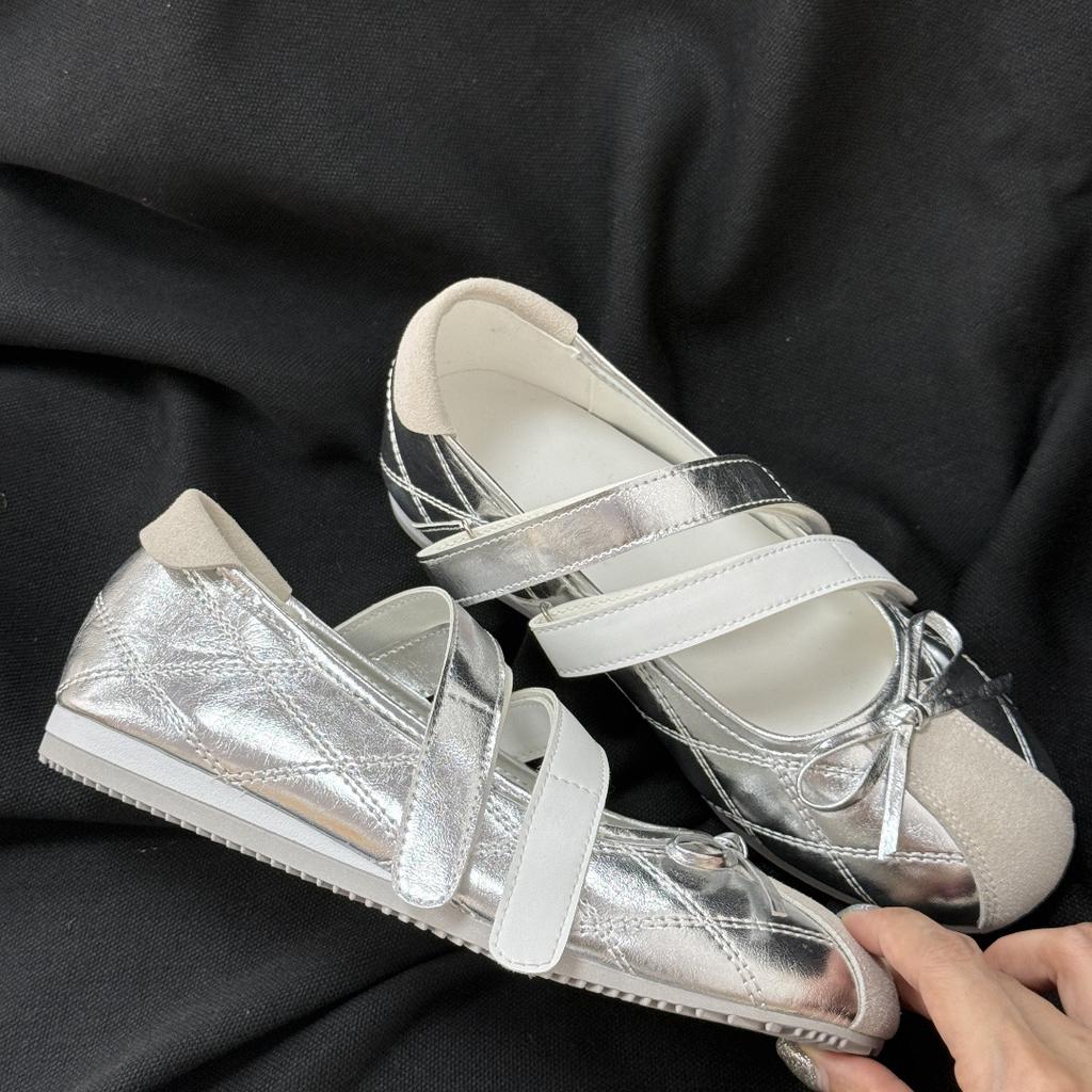 Leather version~ Sports ballet shoes women's bow Velcro silver Mary Jane shoes women's moral training single shoes