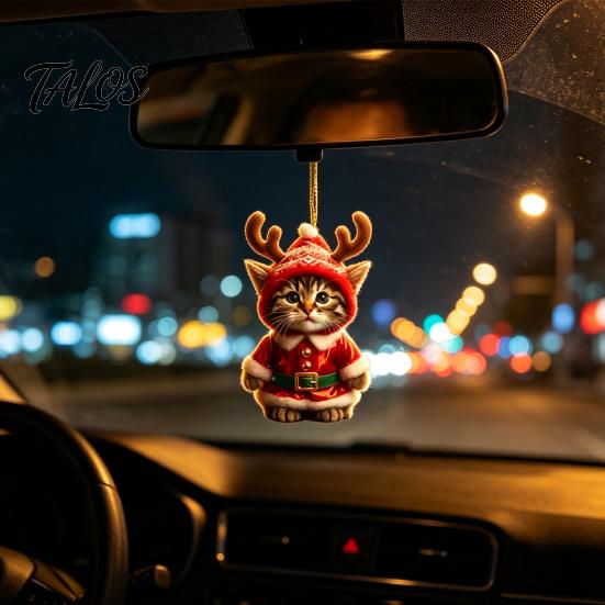 Cute Cat Christmas Decor Santa Ornament, Acrylic Car Mirror Hanging with Holiday Gift Packaging Embellishments Reindeer Antlers, 2D Bag Charm