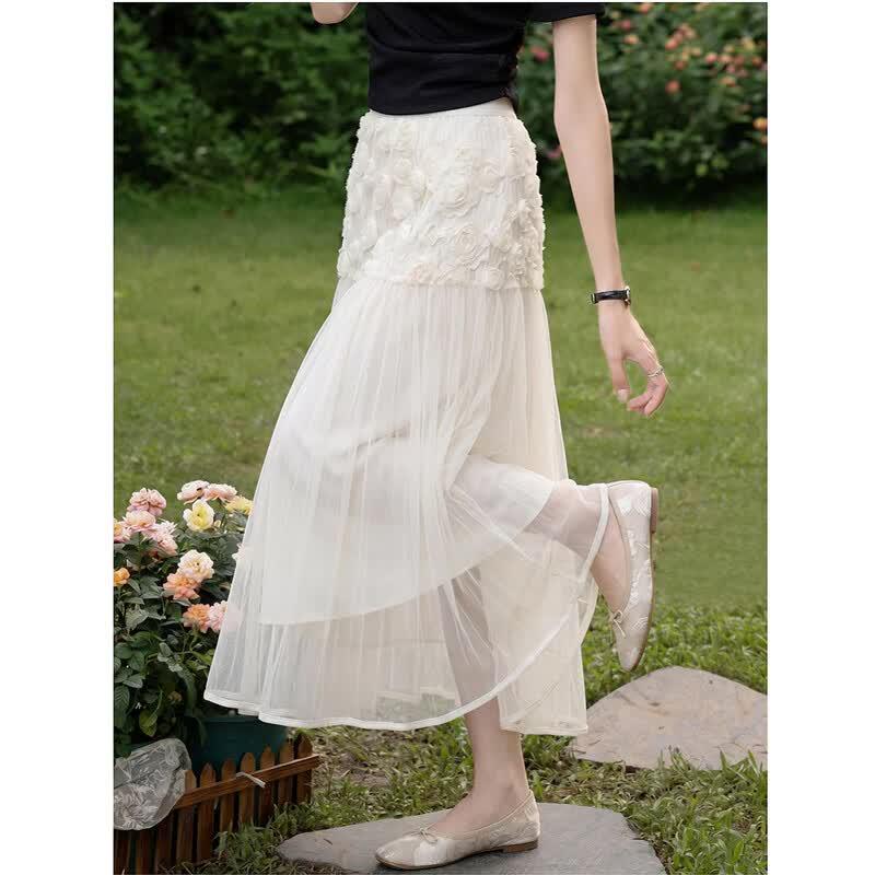 Demana Elegant Summer Lace Embroidered A-Line Skirt M