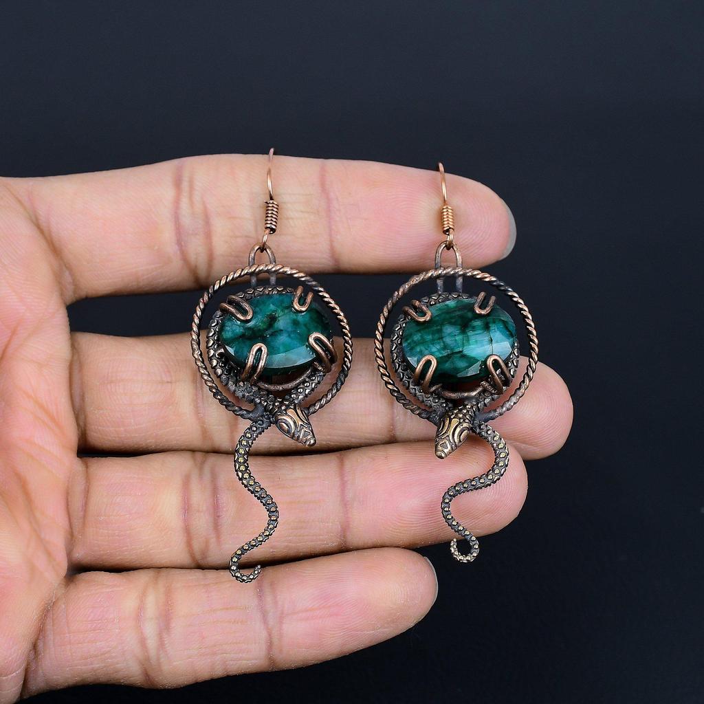 Emerald 999 Copper Wire Wrapped Earrings, Handmade Gemstone Earrings Jewelry, Gifts For Wife Brand New Earrings