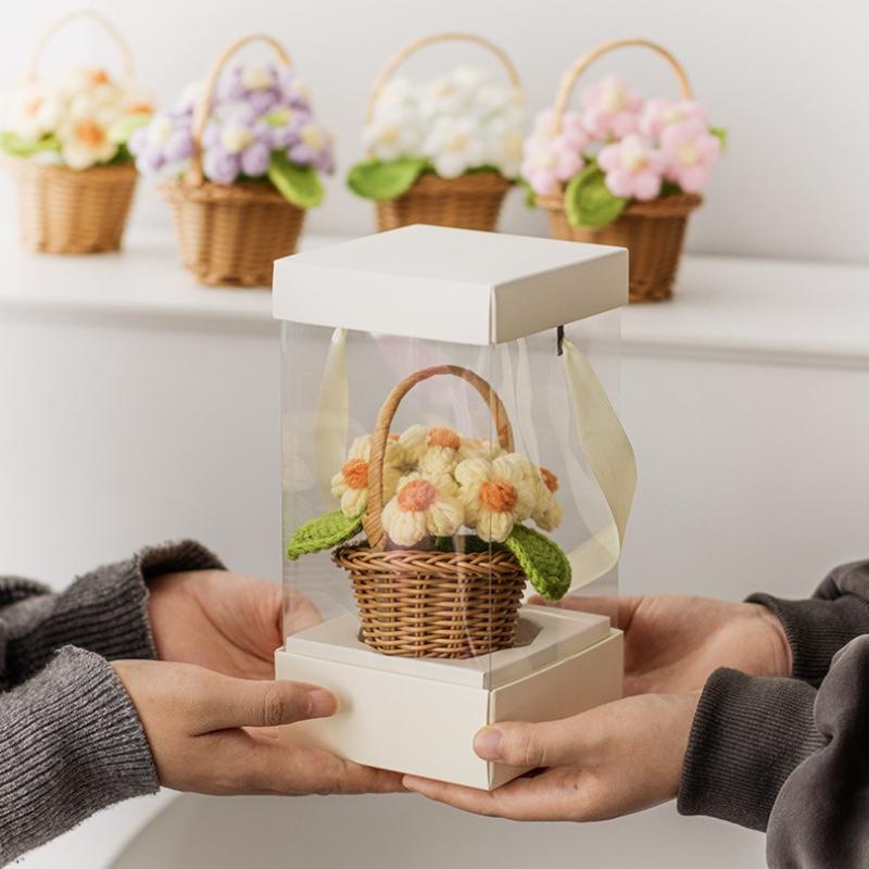 1 Stück Kleine Blaue Blume Topfpflanze Handgefertigt Wolle Gehäkelt Puff Desktop Dekoration Ornamente