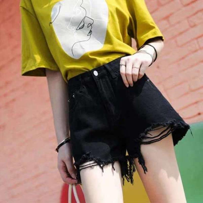 New Summer Korean Version of Loose Ripped High Waist Slimming A-line Crumb Trousers Black Denim Shorts for Women
