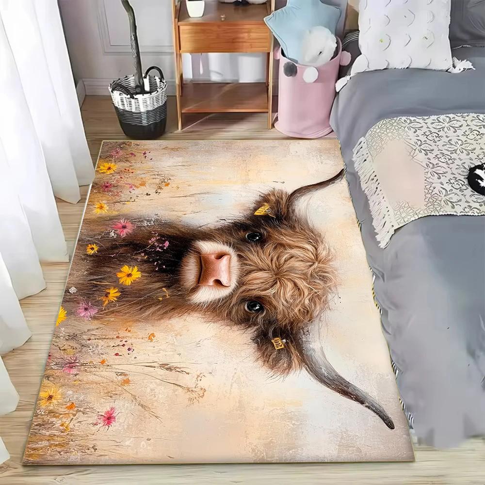 Charming Artistic Scottish Highland Cow Theme Decor Rug for Living Room Bedroom Study Home Decor Comfortable Non Slip Durable