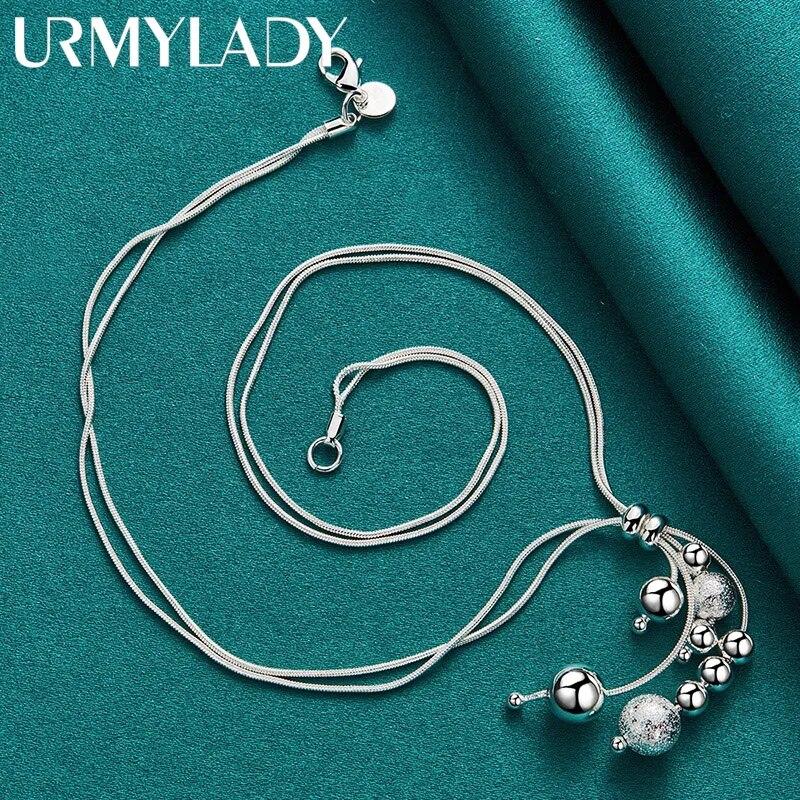 URMYLADY 925 Sterling Silver Double Snake Chain Matte Smooth Beads Necklace For Women Wedding Party Fashion Jewelry