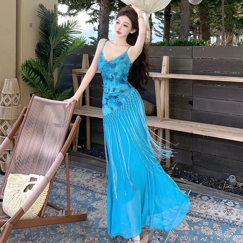 Bali seaside vacation blue print suspender dress women s summer new elegant beach dress S