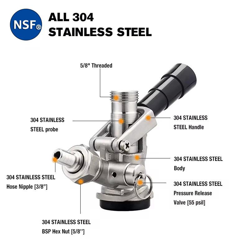 100% 304 Stainless Steel Keg Coupler, Kegerator Sankey S/D System Draft Beer Dispenser Bottling Tap with Barb & Push in Fitting