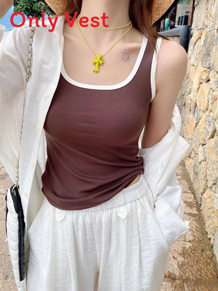 Womens Summer Spliced Cotton Ribbed Tank Top With Builtin Bra For Casual Wear