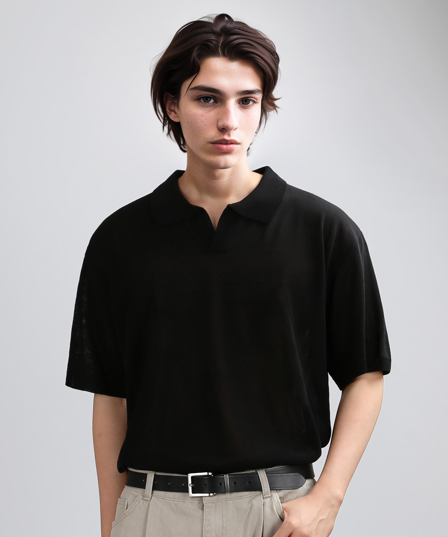 Berry Vein Collar Half Mesh-Knit (Black) L