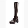Women's Knee-High Elastic Boots Square Toe Water-Resistant Platform Chunky Heels Shoes New Fashion Street Style Footwears