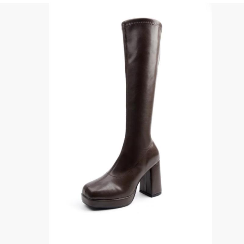 Women's Knee-High Elastic Boots Square Toe Water-Resistant Platform Chunky Heels Shoes New Fashion Street Style Footwears