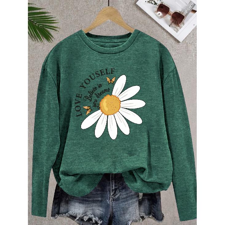 Elegant Party Women s Dress with White Daisy Pattern Print, Round Neck, Long Sleeve, Suitable for Spring, Summer, Autumn, and Winter T S темно-зеленого