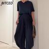 Women's Fashion Casual Short Sleeve O-Neck Pants Suits