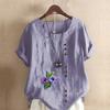 Women's New Fashion Linen Shirt Round Neck Short Sleeve Purple Flowers Printed T-shirt Summer Ladies Casual Plus Size Blouse Tops