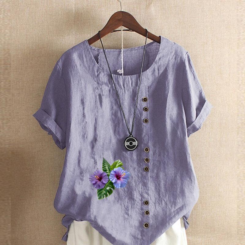 Women's New Fashion Linen Shirt Round Neck Short Sleeve Purple Flowers Printed T-shirt Summer Ladies Casual Plus Size Blouse Tops