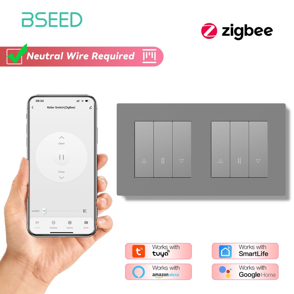 BSEED Zigbee Shutter Switch With Wall Sockets Wall Smart Click Switches Yellow Backlight Plastic Frame Tuya APP Roller Switch EU