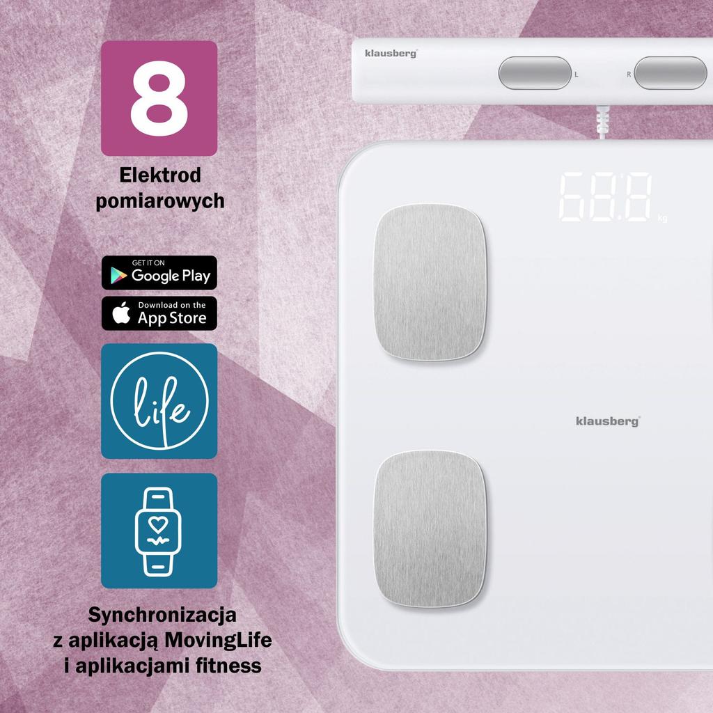 Waga łazienkowa z pomiarem tkanki tłuszczowej i składu ciała, Smart, BT,  KLAUSBERG KB-7853 biała