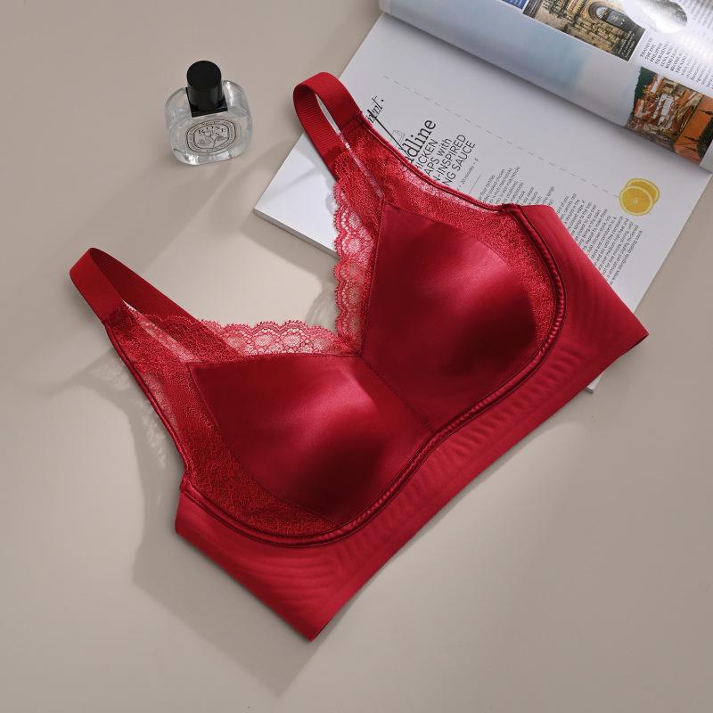 Lace Satin Gather Bra for Large Busts - Minimizing, Seamless, Comfortable, Wire-Free, Fixed Water Drop Cup