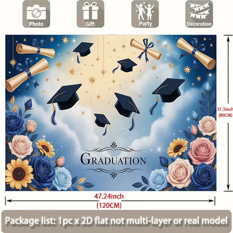 2D Graduation Party Backdrop Blue Sky Clouds Graduation Ceremony Background Cloth
