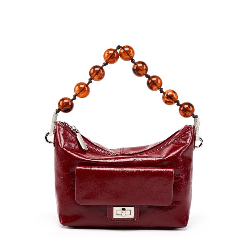 

Chinese Beaded Chain Crossbody Shoulder Bag Women s Vintage Oil Wax Leather Pleated Handbag