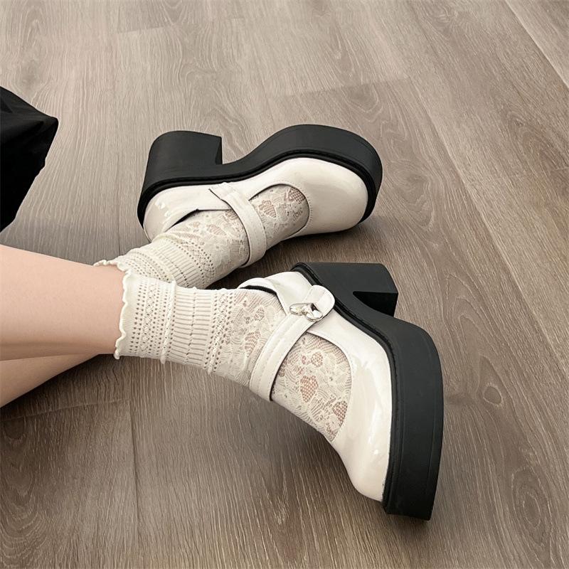 Round head heightened platform small leather shoes women's autumn and winter with skirts Mary Jane shallow mouth single shoes