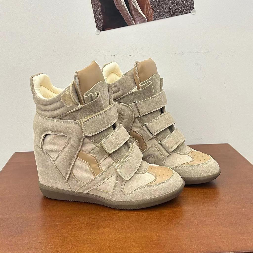 New Inner Height-increasing Shoes for Women, High-top, Color-blocked, Round-toe, Flat-soled Casual Shoes, Versatile Velcro Sneakers for Women