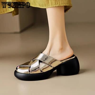 Épaissir mi-talon Faux cuir grande taille pantoufles femmes printemps été décontracté antidérapant chaussures à enfiler