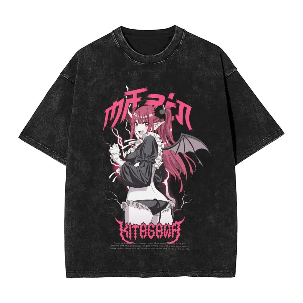 Anime Halloween Witch Girl "HALLOWEEN" Graphic Vintage Acid Washed Oversized Streetwear Y2K Manga T-Shirt Top for Anime Lovers Halloween Fans