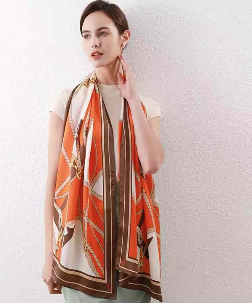 [BYSIFA] Fashion New Orange Grey Scarves Women Elegant New 100% Silk Scarf Shawl Printed Fall Winter Ladies Brand Scarves Wraps