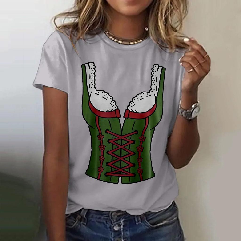 Women's Casual Pullover Short Sleeve T-Shirt Oktoberfest Print Crew Neck Top Lightweight Soft Fabric Comfortable Fit