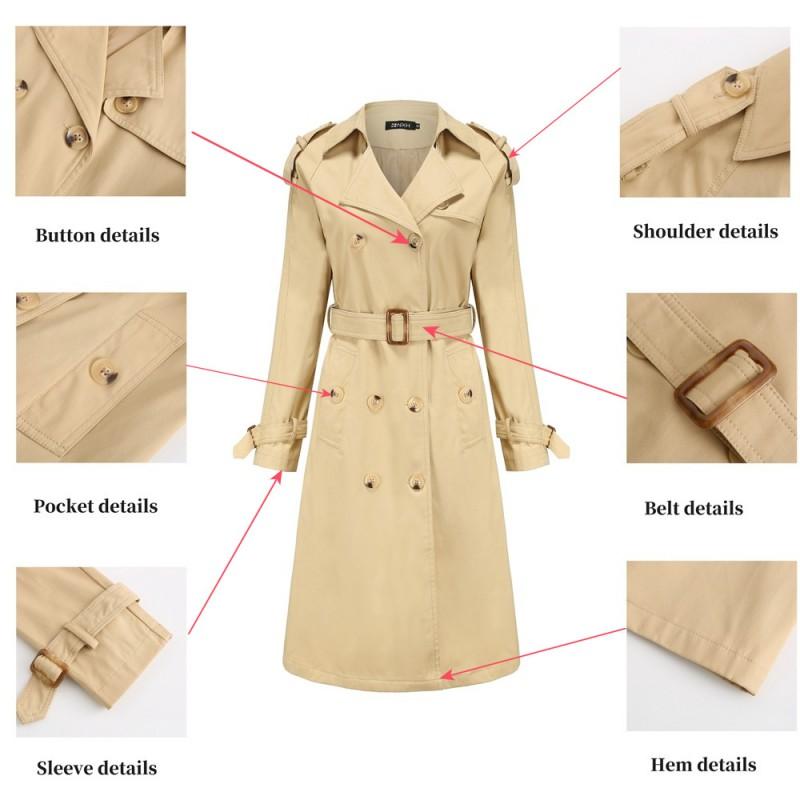 Womens Long Cotton Trench Coat With Waist Cinching Fit Classic Notched Collar Office Chic Outerwear