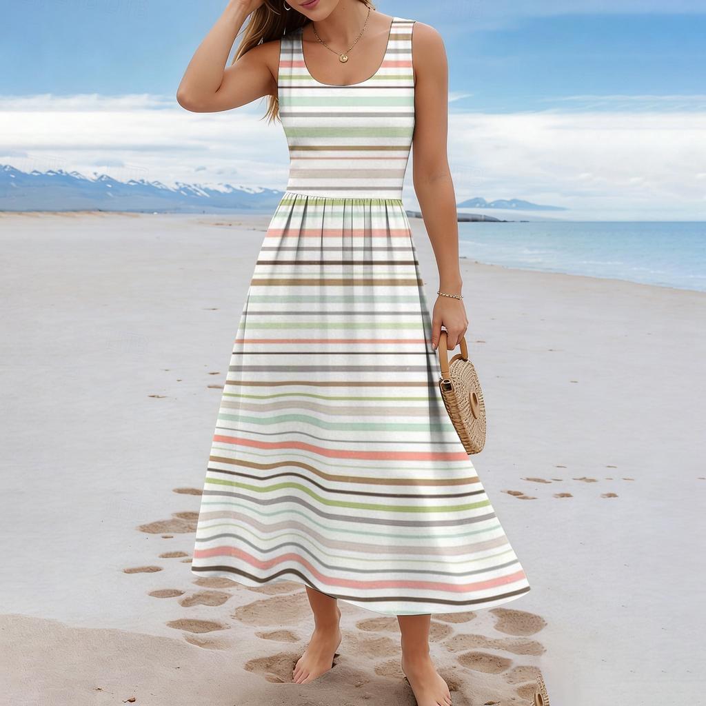 Ladies' striped summer casual and fashionable sleeveless long dress