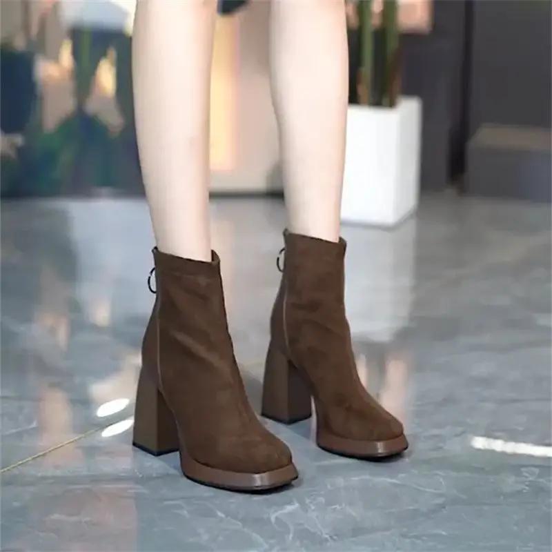 Autumn New High Heel Short Boots Thick Bottom Waterproof Platform Back Zipper Versatile Thick Heel Women's Boots