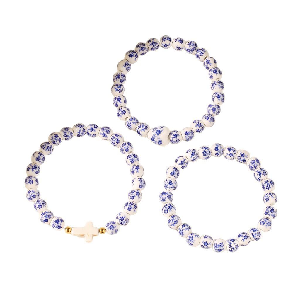 Keramik Drei-teilig Kreuz Liebe Türkis Blau und Weiß Porzellan Armband Damen Gestapeltes Armband Perlen Perlen