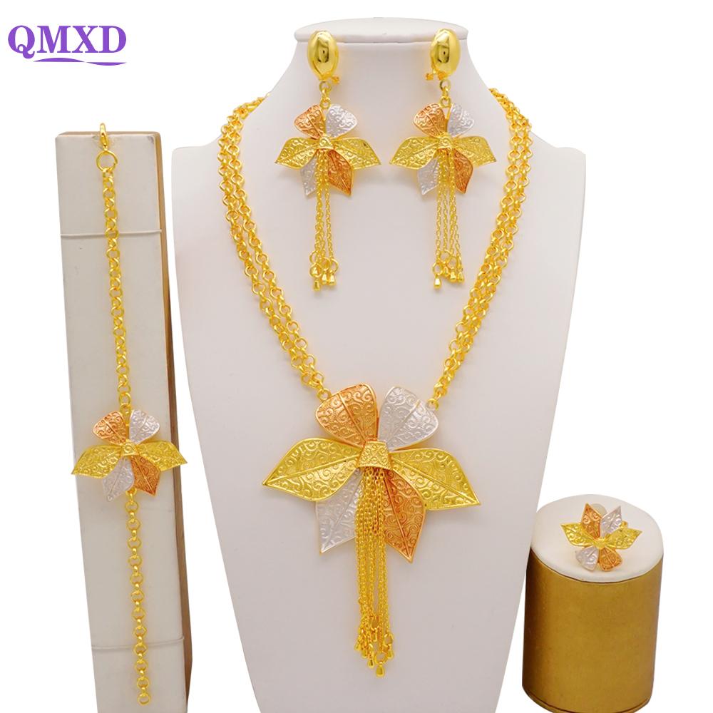 Set de bijuterii de culoare aurie din Dubai indian pentru femei Set de colier lung de mireasă, colier nigerian, bratara, cercei, seturi de inele