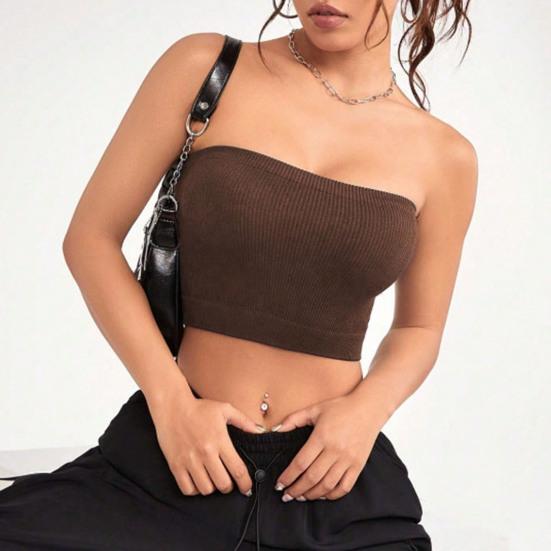 Women Ribbed Vest High Elasticity Anti-slip Bandeau Strapless Sleeveless Backless Tank Top Sweat Absorption Quick-drying Cropped Top