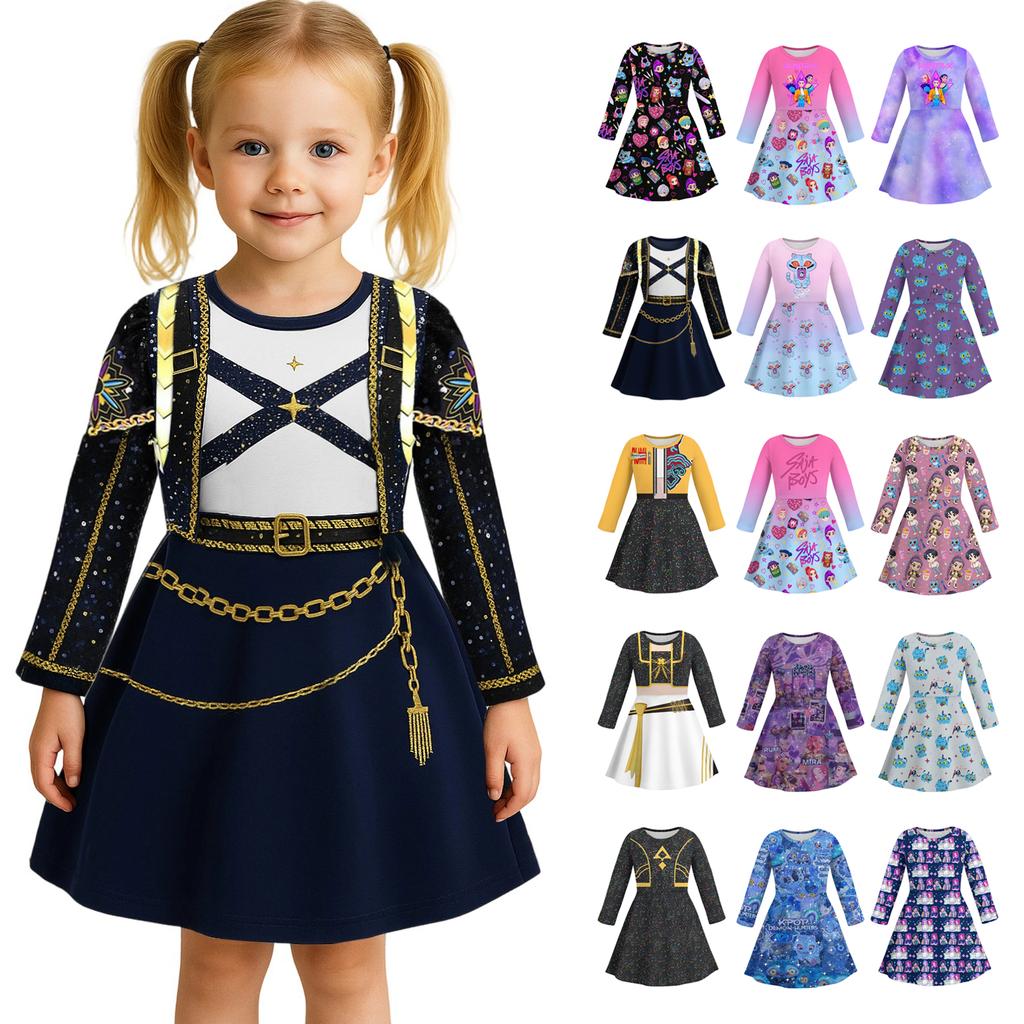 Kids Girls Casual Daily Dress Cute Cartoon Print Long Sleeves Dance Wear Princess Dress  2-12 Years