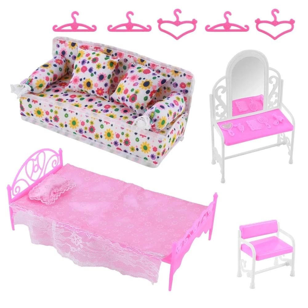 1 Set Mini Puppensofa Plüsch Stoffmöbel Blume Spielzeug Kissen Baby Couch Druck Spielzeug Zubehör R3J4