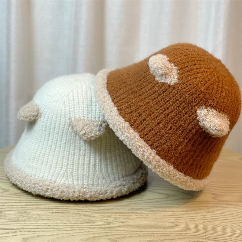 Cute Bear Ears Plush Fisherman Hat for Women New Spring and Autumn Versatile Face Showing Small Knitted Bucket Hat Winter