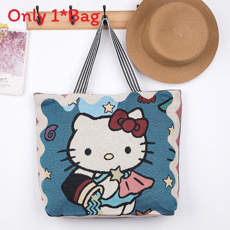 Elephant Hello Kitty Butterfly Embroidered Canvas Tote Bag With Seamed Stitching For Daily Use