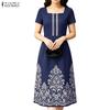 ZANZEA Women Elegant Square Collar Casual Short Sleeve Print Dress