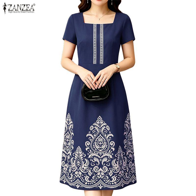 ZANZEA Women Elegant Square Collar Casual Short Sleeve Print Dress