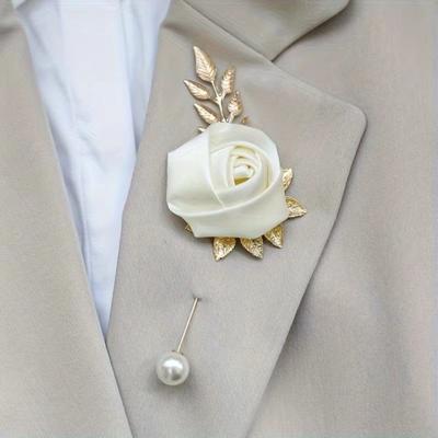 Imitation Pearl Groom Boutonniere Silk Man Corsage Pins  for Wedding Party Prom Decorations