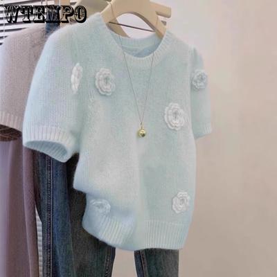 Blue Flower Knitted T-shirt for Women with Sweet Bubble Sleeves Short Top Gentle Style Short Sleeve