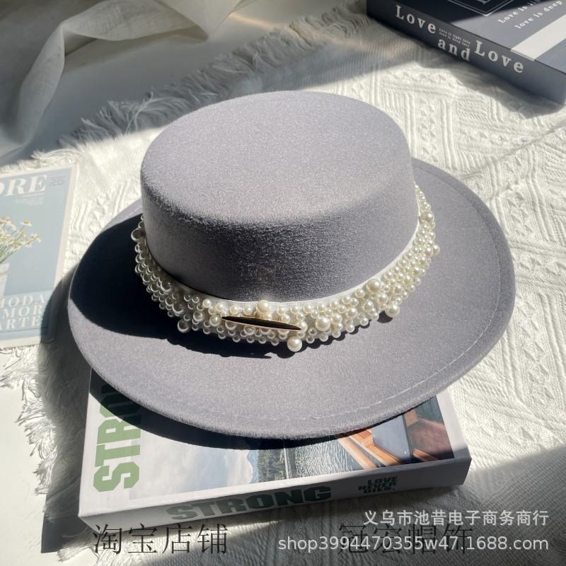 White Pearl Flat Top Woolen Top Hat Female Autumn and Winter British Retro Socialite Elegant French Wide Brim