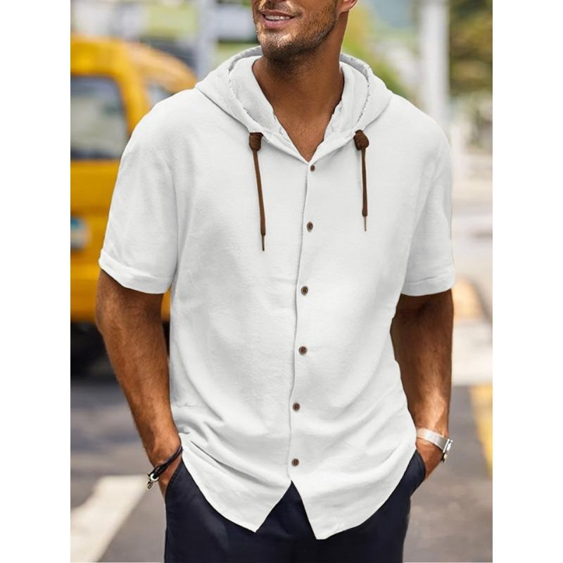 Mens Casual Hooded Short Sleeve Button Up Shirt S белый